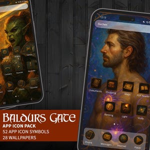 Könnte beinhalten: Drei Smartphones mit Fantasy-App-Symbolen und Hintergrundbildern. Die Bildschirme zeigen Charakterporträts und thematische Symbole. Der Text "Baldurs Gate" ist sichtbar, zusammen mit Details zum App-Symbolpaket, einschließlich der Anzahl der Symbole und Hintergrundbilder.