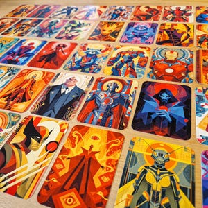 May include: A collection of colorful, stylized playing cards featuring various comic book characters. The cards showcase vibrant illustrations with geometric designs, including heroes like Iron Man, Wolverine, and Ant-Man. The cards are arranged on a light-colored wooden surface.