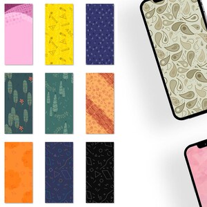 Peut inclure: Une collection de 20 fonds d'&eacute;cran de t&eacute;l&eacute;phone diff&eacute;rents avec divers motifs et couleurs. Les fonds d'&eacute;cran pr&eacute;sentent des motifs tels que des cachemires, des c&oelig;urs, des &eacute;toiles et des formes g&eacute;om&eacute;triques. Les fonds d'&eacute;cran sont affich&eacute;s sur un fond blanc.