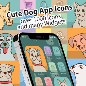 以下が含まれることがあります： 緑色の背景に、かわいい漫画の犬が描かれたアプリのアイコンがいくつかある、携帯電話の画面。画面の上部には「Cute Dog App Icons」というテキストと、「over 1000 Icons and many Widgets」というテキストが表示されています。