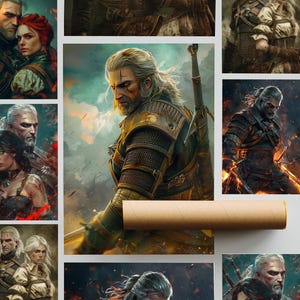 May include: A collection of nine fantasy art prints featuring a character with white hair and a sword. The character is wearing armor and is in various poses. The prints are in a variety of colors and styles.