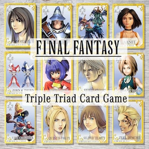 Könnte beinhalten: Eine Sammlung von Final Fantasy Triple Triad-Spielkarten. Jede Karte zeigt Charakterillustrationen, Namen und Werte. Die Karten haben einen goldenen Rand und sind in einem Raster angeordnet, wobei der Titel des Spiels deutlich sichtbar ist.