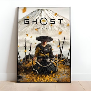 Könnte beinhalten: Gerahmter Kunstdruck mit einem knienden Samurai-Krieger inmitten von Schwertern und Herbstblättern, mit einem schneebedeckten Berg im Hintergrund. Der Druck zeigt den Titel "GHOST of YOTEI" in fetten schwarzen Buchstaben.