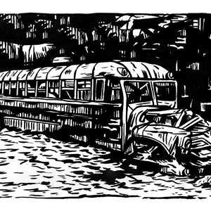 May include: Black and white woodcut print of a school bus partially submerged in water. The bus is tilted to the side and the front end is crushed. The bus is surrounded by water and there are trees in the background.