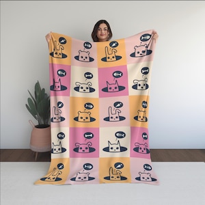 Throw Blanket, fun, animal character design, large, soft, warm, cozy - 'Rabbits, Dogs, Cats & Bears oh my!' - Candy Coloured - 80x60 inches