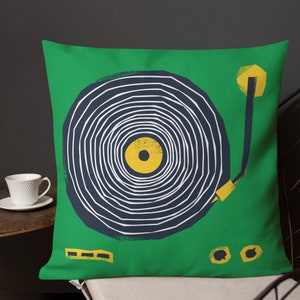 Throw pillow/cushion, super-squidgy, linen-feel - Funkadelic vinyl double-sided design - Green & Yellow -  18x18inch or 22x22inch.