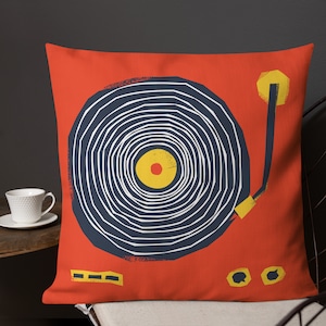 Throw pillow/cushion, super-squidgy, linen-feel - Funkadelic vinyl double-sided design - Rouge & Banana Colour - 18x18inch or 22x22inch.