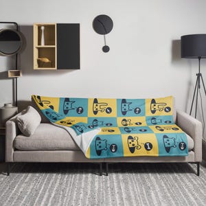 Throw Blanket, fun, animal character design, large, soft, warm, cozy - 'Rabbits, Dogs, Cats & Bears oh my!' -  Blue/Yellow - 80x60 inches
