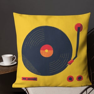 Throw pillow/cushion, super-squidgy, linen-feel - Funkadelic vinyl double-sided design - Yellow, Red, Black - 18x18inch and 22x22inch