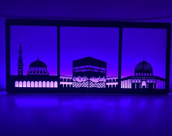 Neon Islamic Metal Wall Art: Kaaba, Masjid Al Aqsa, Masjid Nabawi
