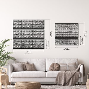 May include: A set of three black metal wall art pieces featuring intricate Arabic calligraphy. The pieces are arranged vertically and measure 47 inches wide by 42 inches tall.