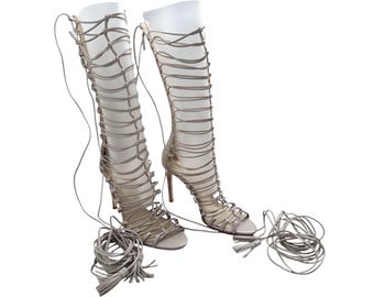 Roberto Cavalli S/S 2014 runway grey strappy tie knee-high sandals