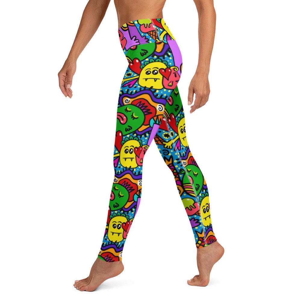 High Waisted Yoga Leggings with Pocket - Cool Quirky Colorful Cartoon Modern Activewear Women Fitness Pants - Yoga Gifts