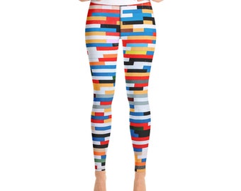 High Waisted Yoga Leggings with Pocket - Cool Colorful Blocks Retro Modern Activewear Women Fitness Pants - Yoga Gifts