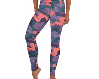 High Waisted Yoga Leggings with Pocket - Cool Colorful Pink and Purple Camouflage Modern Camo Activewear Women Fitness Pants - Yoga Gifts