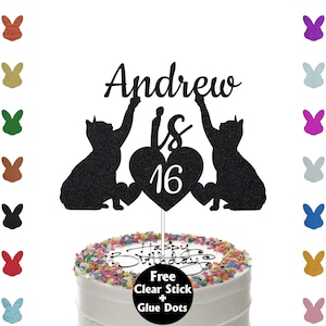 May include: A black glitter cake topper with the name "Andrew" and the number "16". Two cat silhouettes flank a heart with the number 16. The cake topper is on a white cake with colorful sprinkles. Text at the bottom reads "Free Clear Stick + Glue Dots".