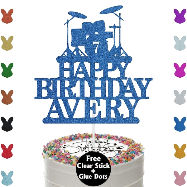 Custom Music Drums Cake Topper Glitter Topper Drum Kit Band Musical Club Party Music Band Cake Topper Choose Any Colors Any Name & Age