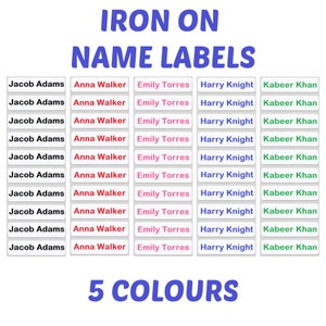 May include: Iron-on name labels in five colours: pink, blue, green, white, and red. The labels feature the names Jacob Adams, Anna Walker, Emily Torres, Harry Knight, and Kabeer Khan.