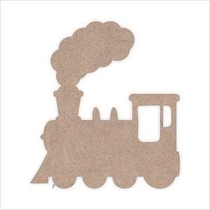 May include: A light brown wooden cutout of a steam train. The design includes a detailed engine, a smokestack with a cloud of smoke, and a passenger car. The train is set against a white background.