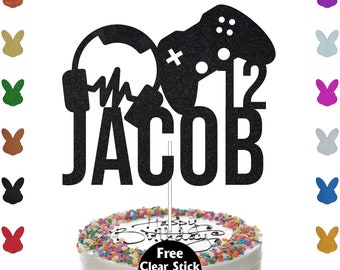 Personalised Gamer Controller Birthday Cake Topper, Custom Name Glitter Cake Topper,Gaming Topper,Any Name And Age, Gaming headphones Topper