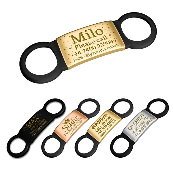 Personalized Silent Pet ID Tag: Slide-On Silicone Collar, Engraved Metal