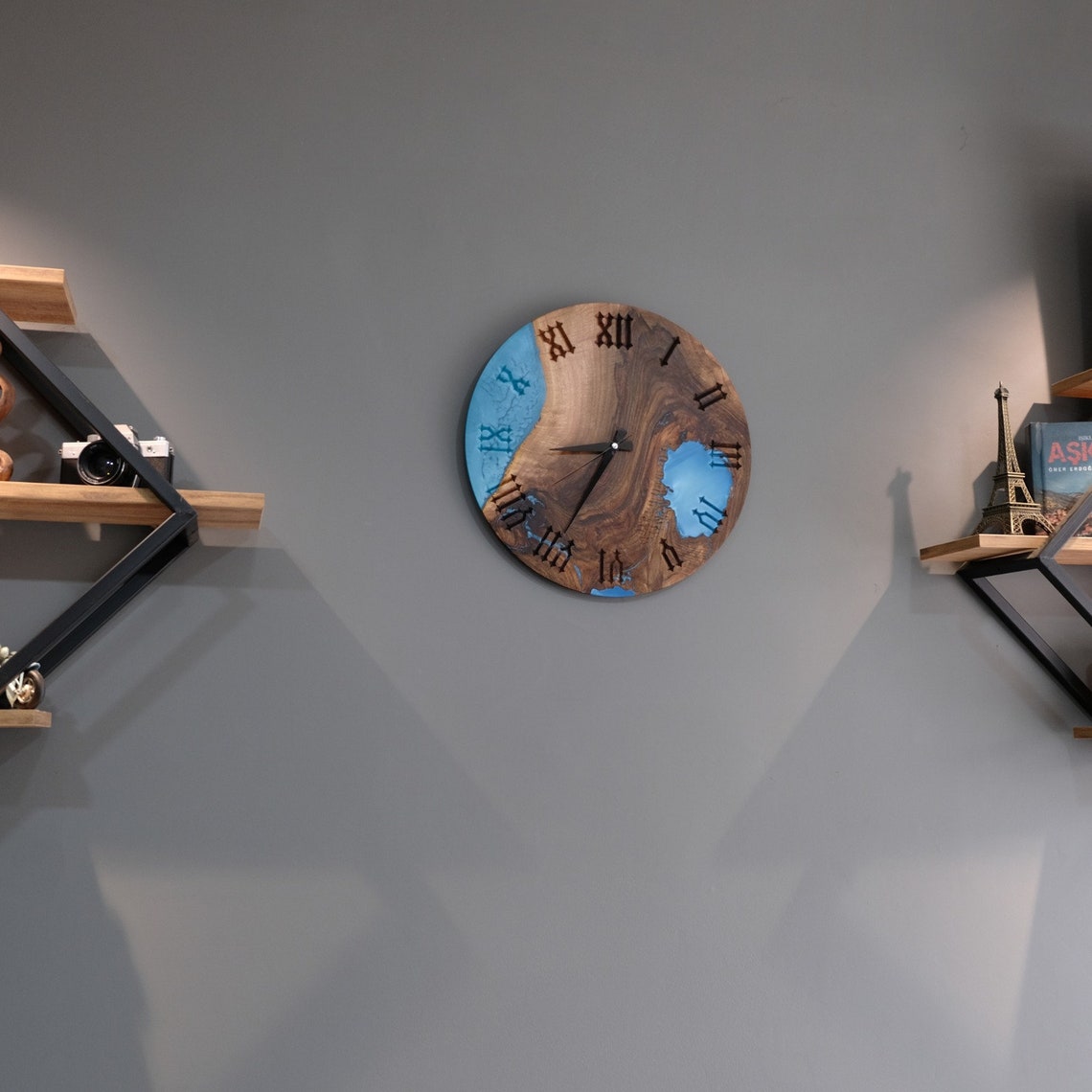 Walnut Wood Wall Clock Colorful Epoxy Large Wall Etsy