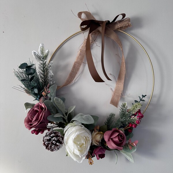 Everlasting Winter Wreath 18" base Pink theme Christmas door decor