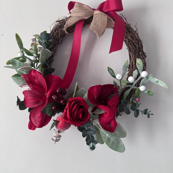 Everlasting Winter Wreath 12" base Red theme Christmas door decor