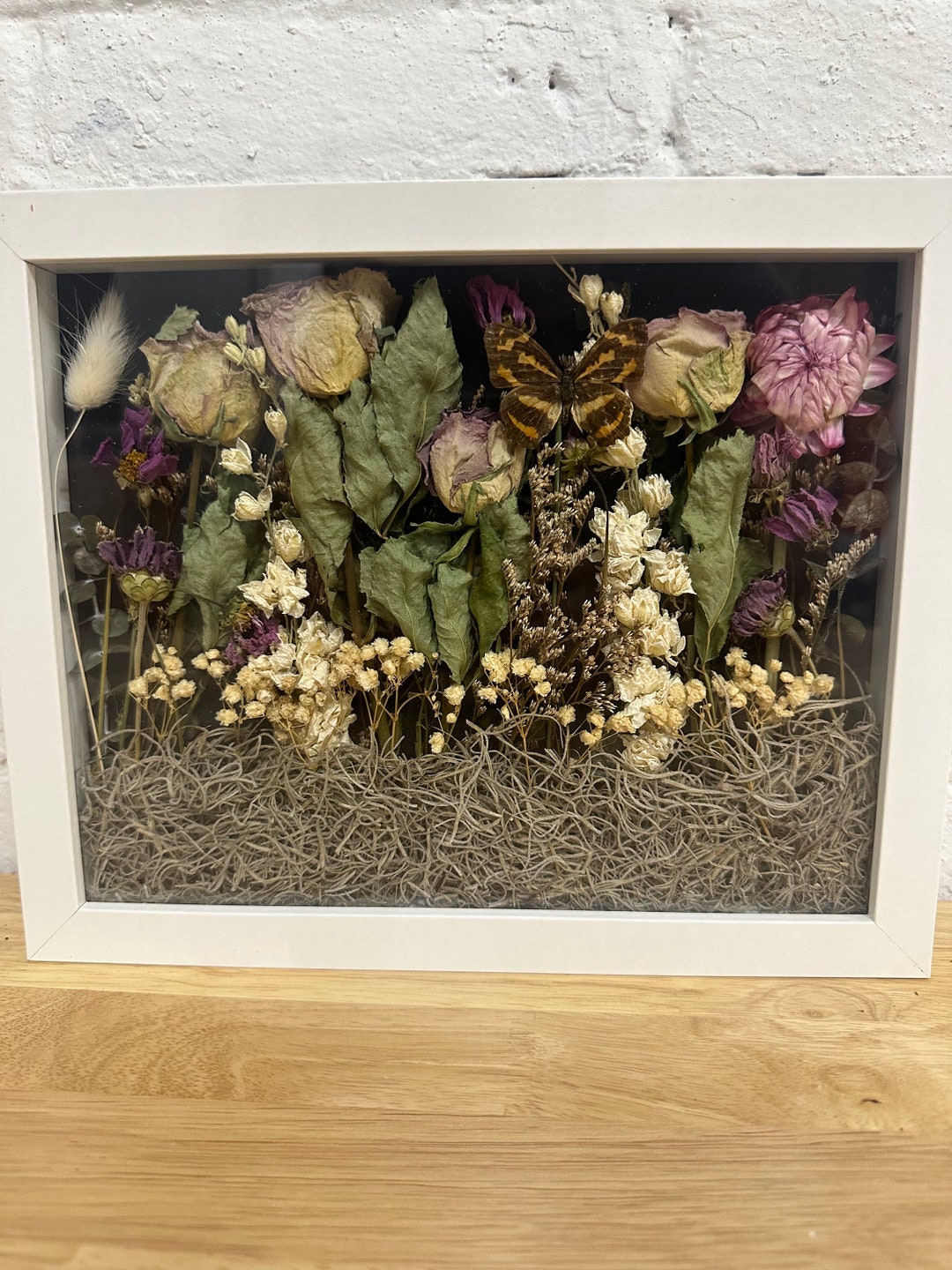 8x10 Purple and Cream Dried Flower Shadow Box With White Frame and Real