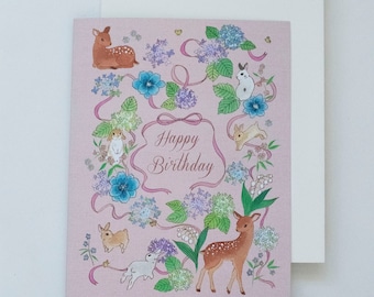 Illustrated Bunnies Birthday Card, Floral Greeting Card, Made in USA