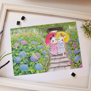 Hydrangea Garden Bunnies Art Print / Watercolor Illustration / 11&quot; x 14&quot; Art Print