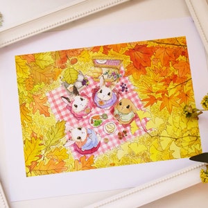 Fall Picnic Bunnies Art Print / Watercolor Illustration / 11&quot; x 14&quot; Art Print