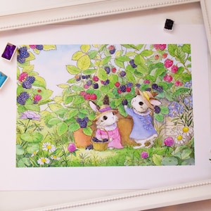 ベリー摘みバニーのアートプリント / 水彩イラスト / 11インチ x 14インチのアートプリント