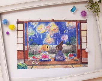 Bunnies Watching Fireworks Art Print, Japanese Yukata, Summer Night (11" x 14")