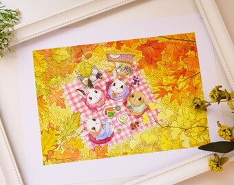 Fall Bunnies Picnic Art Print, Watercolor Illustration (11" x 14")