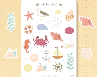 Beach and Seashell Sticker Sheet | Journal Stickers | Cute Planner Stickers | Scrapbook Stickers