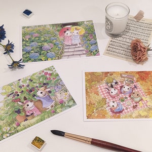 Conjunto de 3 cartões postais de coelhinhos / colheita de frutas vermelhas + jardim de hortênsias + outono / conjunto de cartões postais / cartões postais ilustrados / cartões postais para ocasiões
