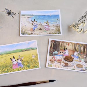 Juego de 3 postales de conejitos / Día de playa + Campo de mostaza + Cena de Acción de Gracias / Juego de postales / Postales ilustradas / Postales para ocasiones especiales