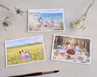 Bunny Illustration Postcard Set: Beach, Field, Thanksgiving