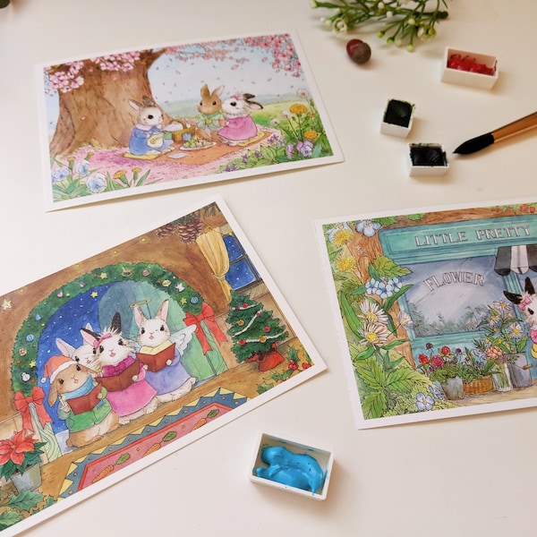 Set of 3 Bunnies Postcards / Picnic + Flower Shop + Christmas Caroling / Postcard Set / Illustrated Postcards / Occasion Postcards