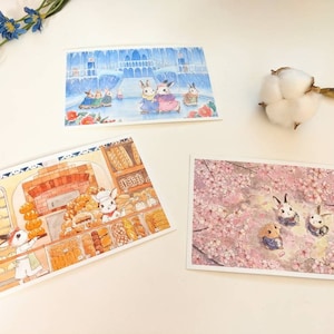 Conjunto de 3 postales de conejitos / patinaje sobre hielo + panadería + flor de cerezo / conjunto de postales / postales ilustradas / postales de ocasión