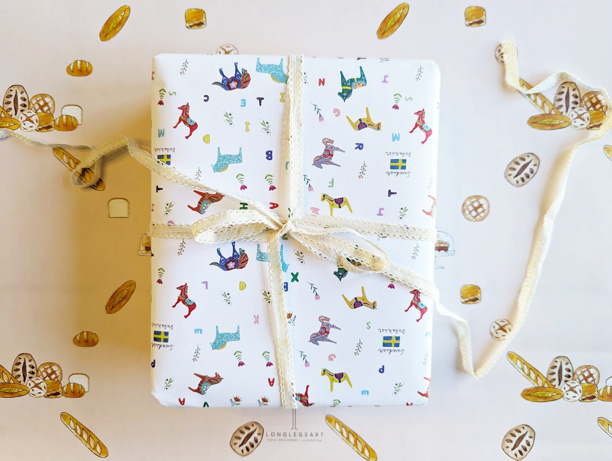 Dala Horse Wrapping Paper: Hand Painted Watercolor, Set of 3