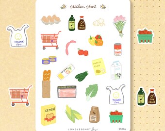 Folha de adesivos para compras de supermercado | Adesivos para diário | Adesivos fofos para planejador | Adesivos para scrapbook