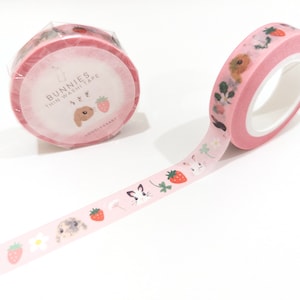 Konijntjes Washi Tape | 1 cm Washi-tape | Afplaktape met konijn en aardbei