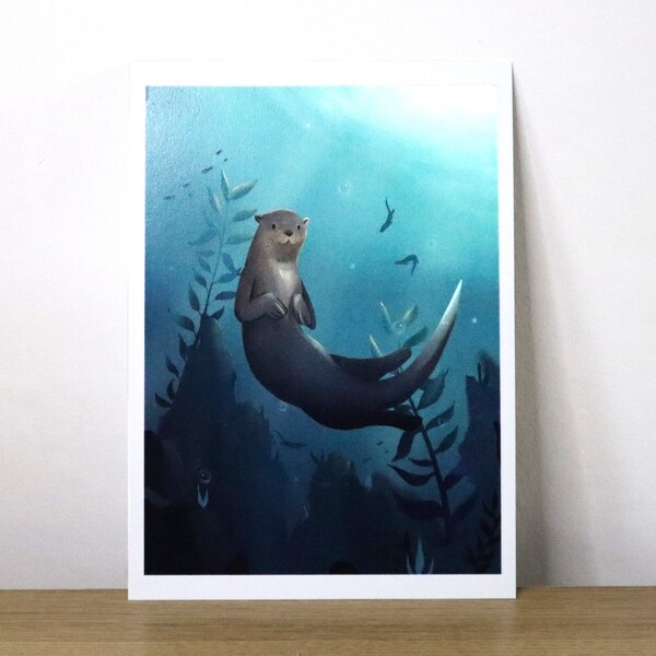 Swimming with Otters Digital Illustration Art Print ~  Baby Otter Nursery Art Print ~ Cute Kawaii Wall Art ~ Underwater Print