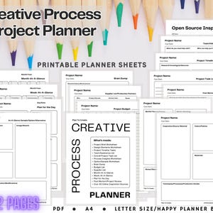 Planejador de Projetos Imprimível do Processo Criativo - 22 Páginas, formato PDF, A4, Tamanho Carta, Planejador Feliz, Criadores, Artistas, Designers, Fabricantes