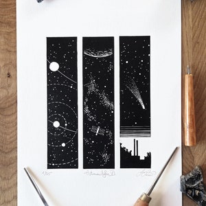 Linocut Astronomy Print: Cosmic Triptych, Sci-Fi Celestial Art, Astronautyka VI