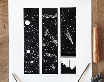 Linocut Astronomy Print: Cosmic Triptych, Sci-Fi Celestial Art, Astronautyka VI