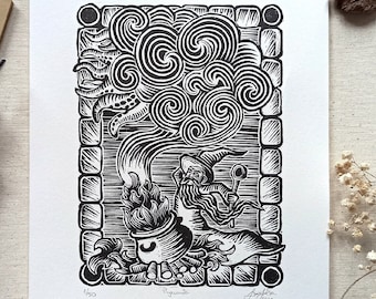 Handgedruckte Linolschnittkunst: Zauberer des Zaubers, Fantasy Illustration