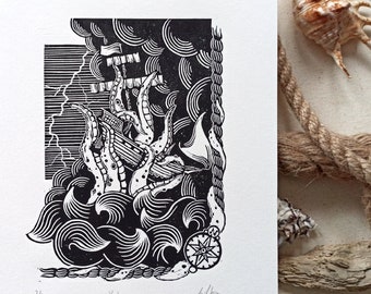 Original linocut KRAKEN, handmade print, octopus art gift for sea lover, nautical sea monster illustration, beautiful wall art decoration